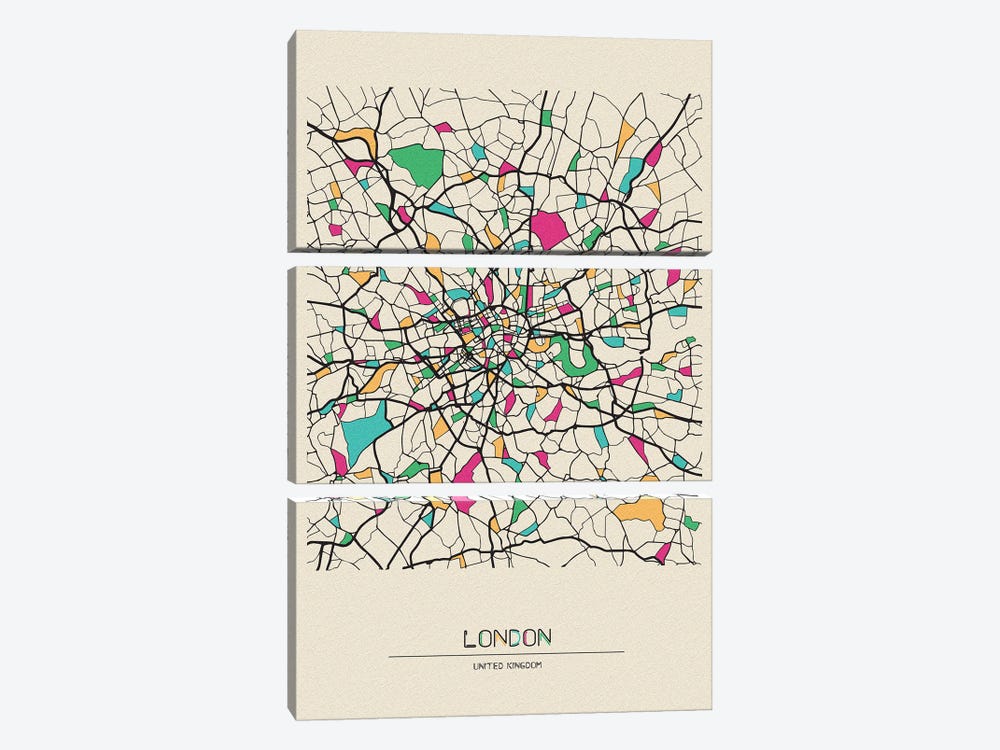 London, United Kingdom Map by Ayse Deniz Akerman 3-piece Canvas Art