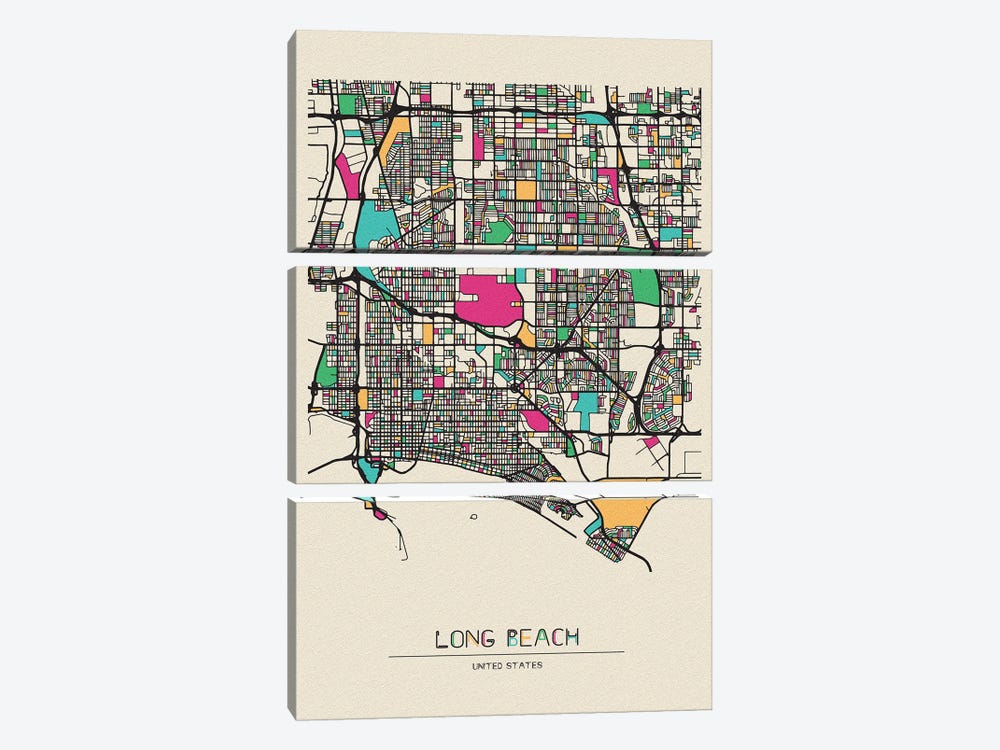 Long Beach, California Map by Ayse Deniz Akerman 3-piece Canvas Art Print