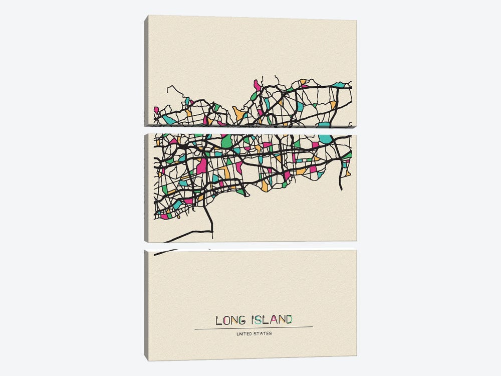 Long Island, New York Map by Ayse Deniz Akerman 3-piece Canvas Artwork