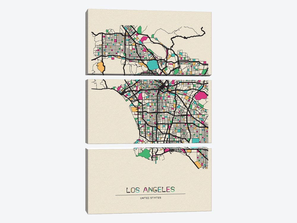 Los Angeles, California Map by Ayse Deniz Akerman 3-piece Canvas Print