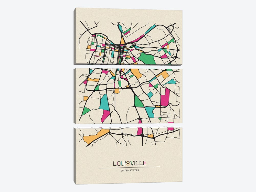 Louisville, Kentucky Map by Ayse Deniz Akerman 3-piece Canvas Art Print