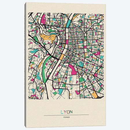 Lyon, France Map Canvas Print #ADA543} by Ayse Deniz Akerman Canvas Artwork