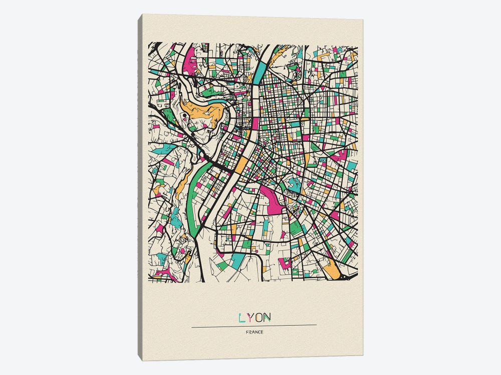 Lyon, France Map by Ayse Deniz Akerman 1-piece Canvas Artwork