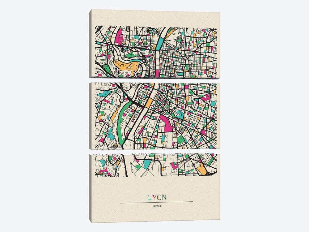 Lyon, France Map by Ayse Deniz Akerman 3-piece Canvas Artwork
