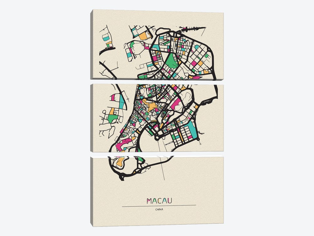 Macau, China Map by Ayse Deniz Akerman 3-piece Canvas Art Print