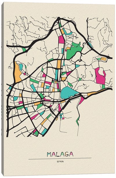 Malaga, Spain Map Canvas Art Print - City Maps