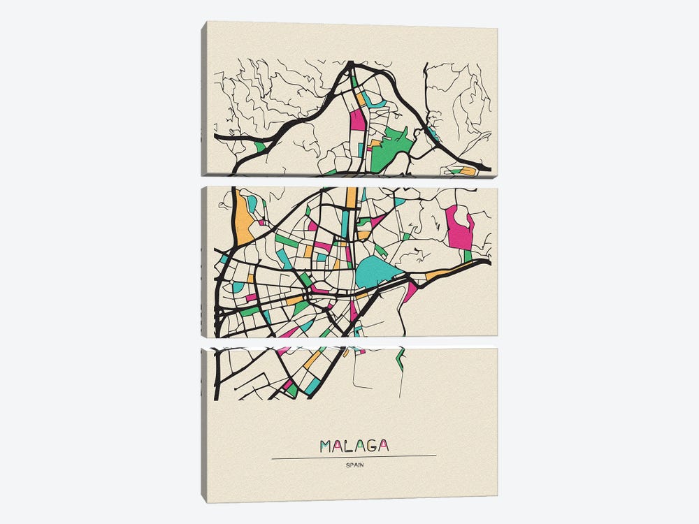 Malaga, Spain Map by Ayse Deniz Akerman 3-piece Canvas Wall Art