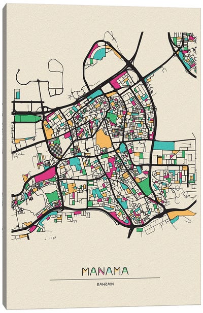 Manama, Bahrain Map Canvas Art Print - City Maps