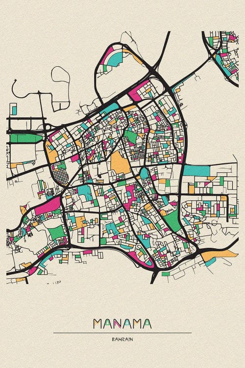 Manama, Bahrain Map by Ayse Deniz Akerman wall art