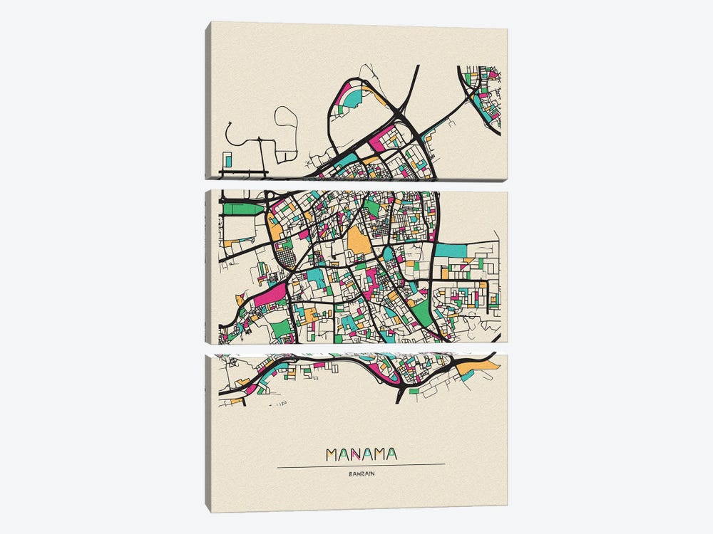 Manama, Bahrain Map by Ayse Deniz Akerman 3-piece Canvas Print