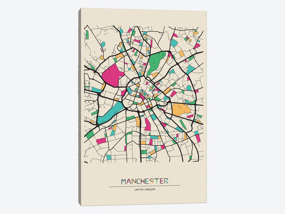 Manchester, England Map by Ayse Deniz Akerman 1-piece Canvas Artwork