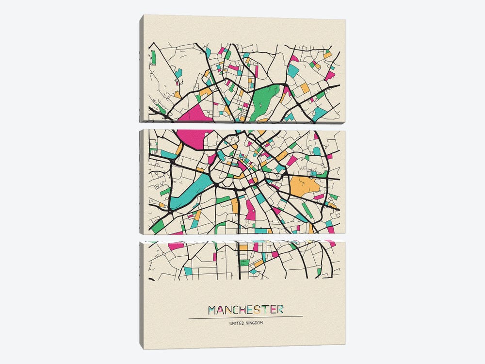 Manchester, England Map by Ayse Deniz Akerman 3-piece Canvas Artwork