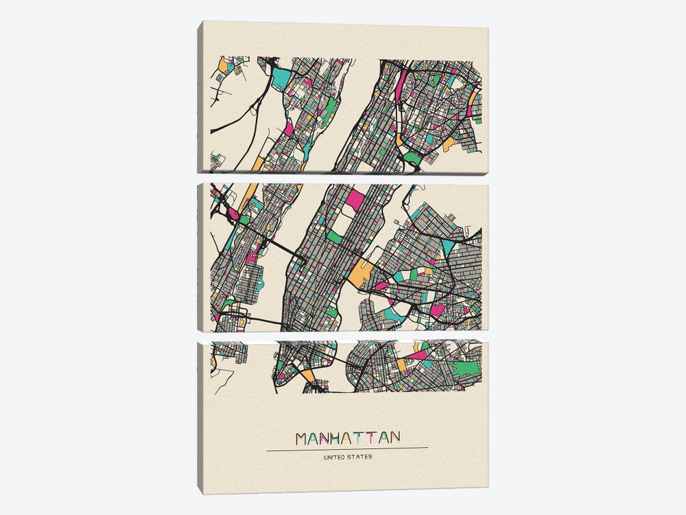 Manhattan, New York Map by Ayse Deniz Akerman 3-piece Canvas Artwork
