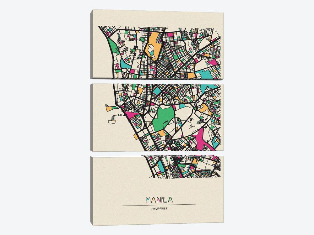 Manila, Philippines Map by Ayse Deniz Akerman 3-piece Canvas Art Print
