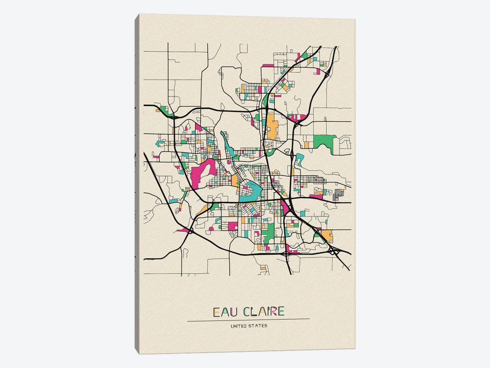 Eau Claire, Wisconsin Map by Ayse Deniz Akerman 1-piece Canvas Artwork