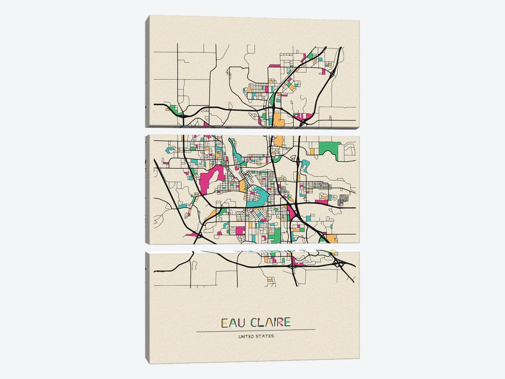 Eau Claire, Wisconsin Map by Ayse Deniz Akerman 3-piece Canvas Art