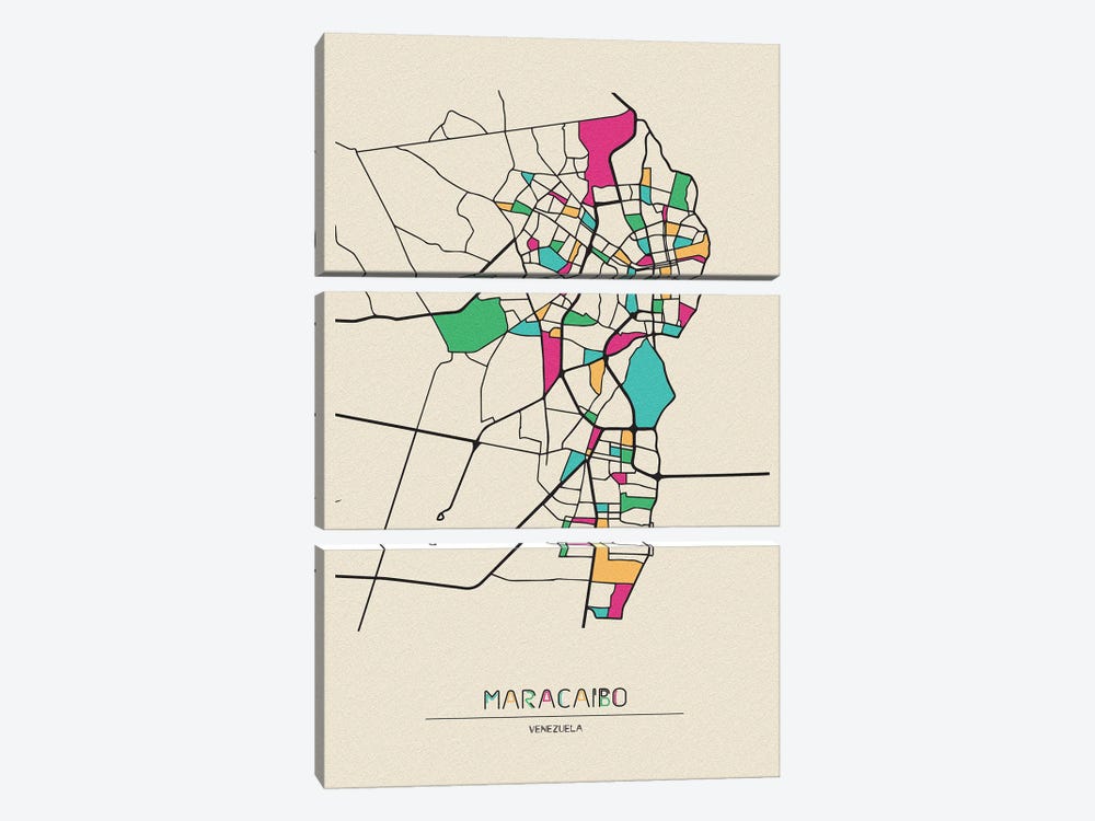 Maracaibo, Venezuela Map by Ayse Deniz Akerman 3-piece Canvas Art Print