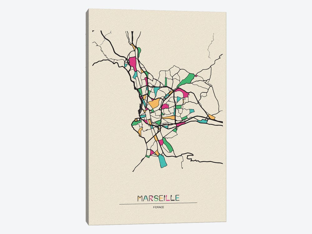 Marseille, France Map by Ayse Deniz Akerman 1-piece Canvas Art Print