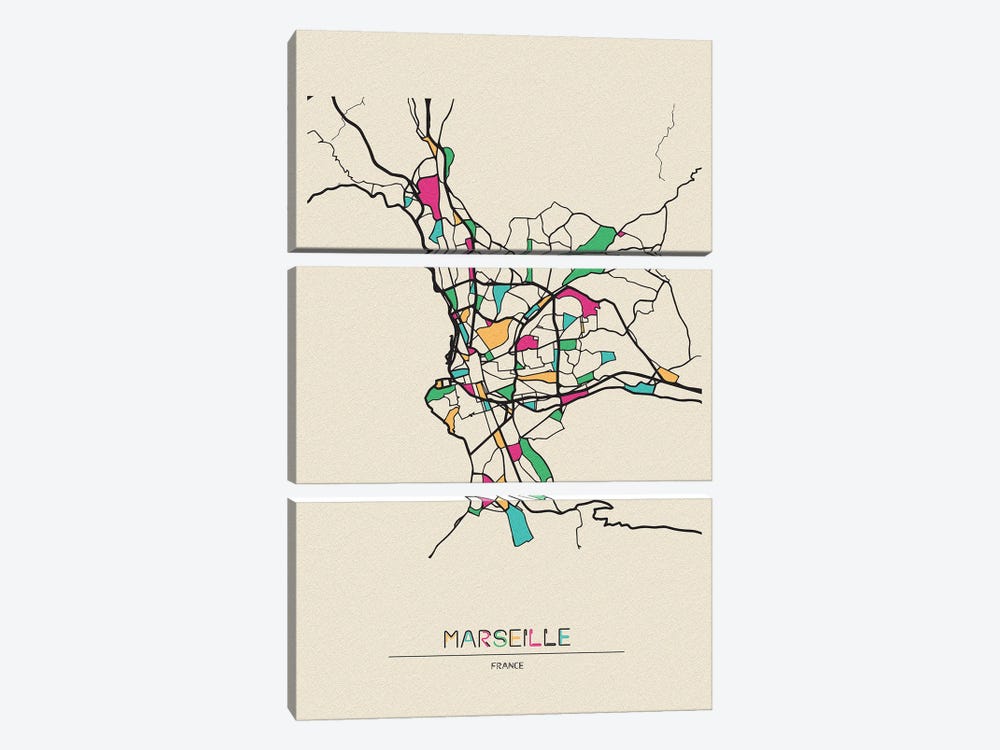 Marseille, France Map by Ayse Deniz Akerman 3-piece Canvas Art Print