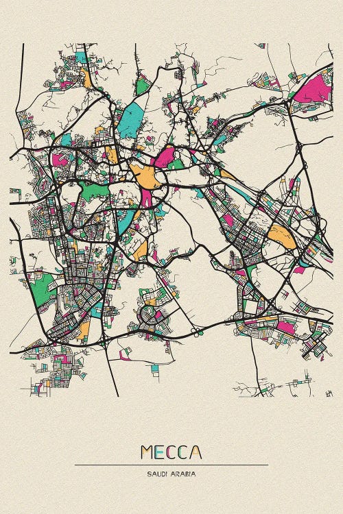 Mecca, Saudi Arabia Map by Ayse Deniz Akerman wall art