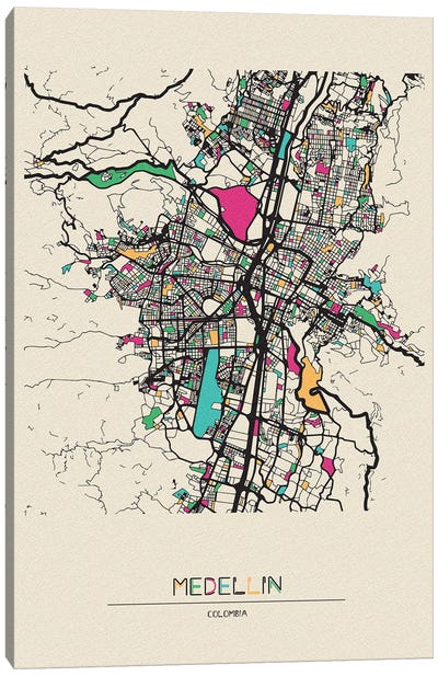 Medellin, Colombia Map Canvas Art Print - Urban Maps