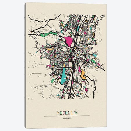 Medellin, Colombia Map Canvas Print #ADA557} by Ayse Deniz Akerman Canvas Art