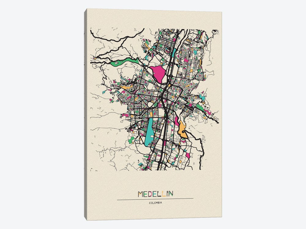 Medellin, Colombia Map by Ayse Deniz Akerman 1-piece Canvas Art Print