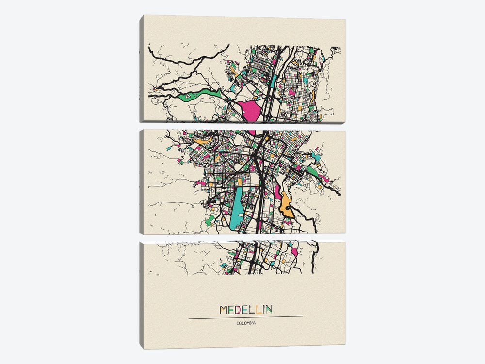 Medellin, Colombia Map by Ayse Deniz Akerman 3-piece Canvas Print