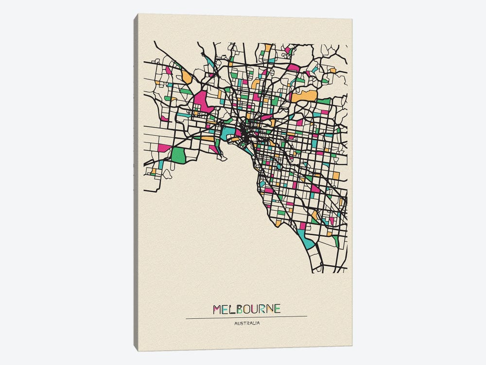 Melbourne, Australia Map by Ayse Deniz Akerman 1-piece Canvas Artwork