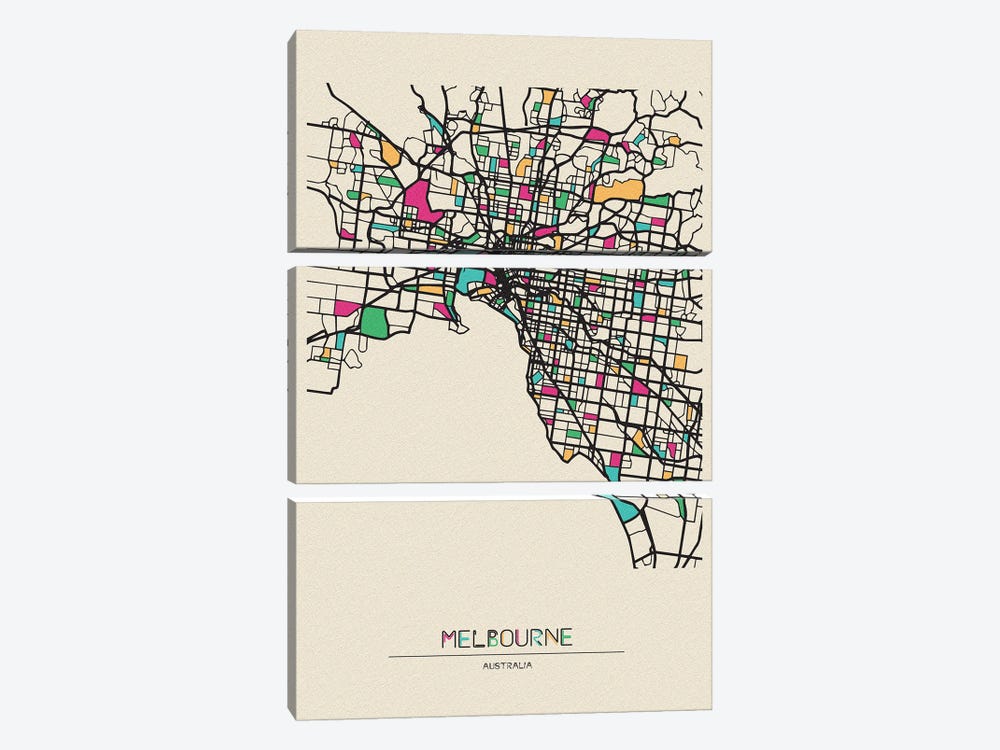 Melbourne, Australia Map by Ayse Deniz Akerman 3-piece Canvas Art