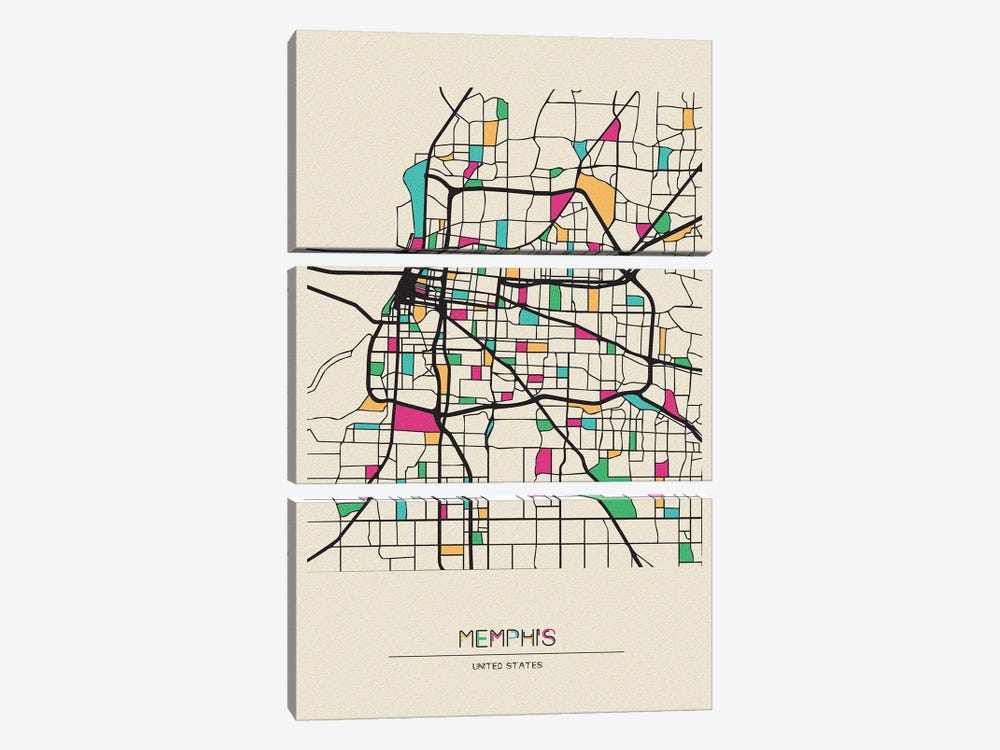Memphis, Tennessee Map by Ayse Deniz Akerman 3-piece Canvas Art Print