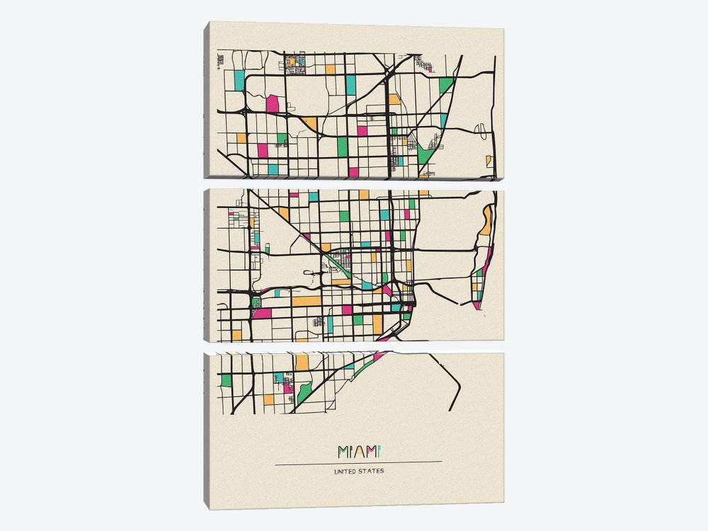 Miami, Florida Map by Ayse Deniz Akerman 3-piece Canvas Art