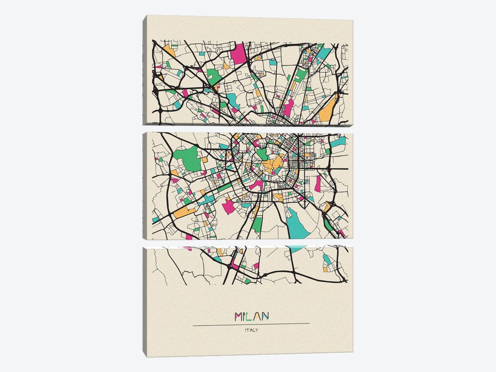 Milan, Italy Map by Ayse Deniz Akerman 3-piece Art Print