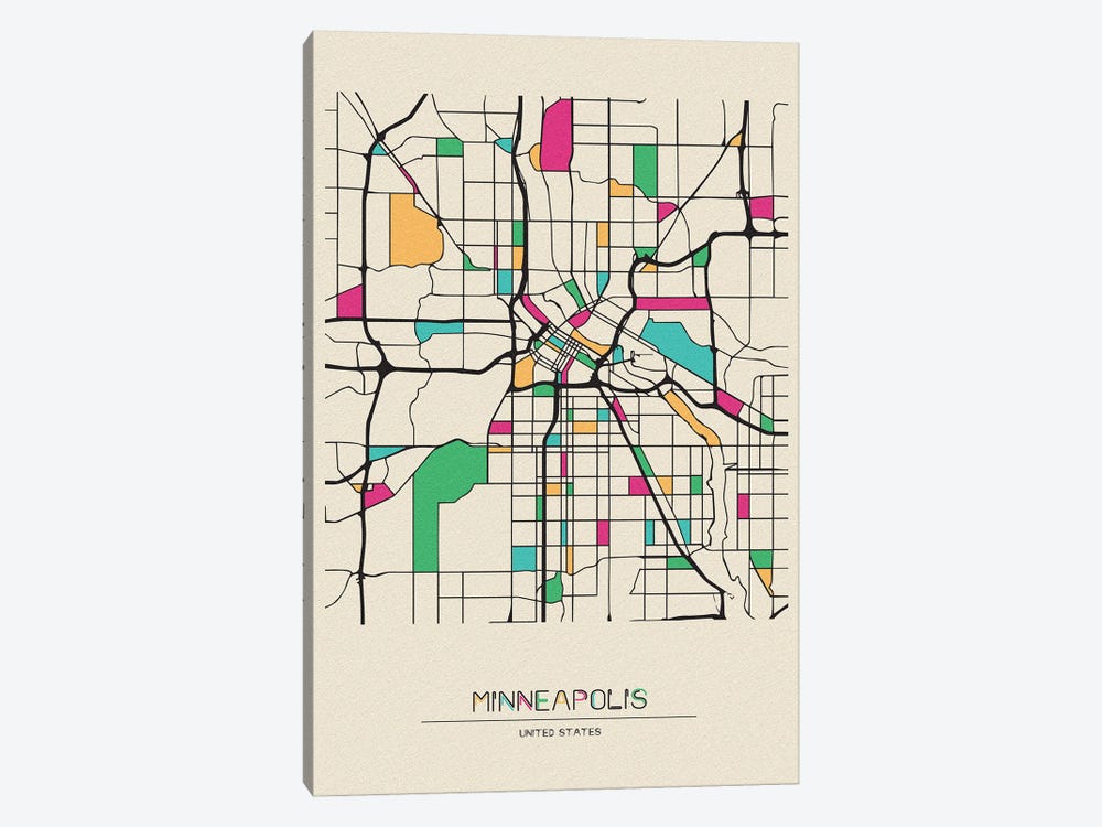 Minneapolis, Minnesota Map by Ayse Deniz Akerman 1-piece Canvas Print