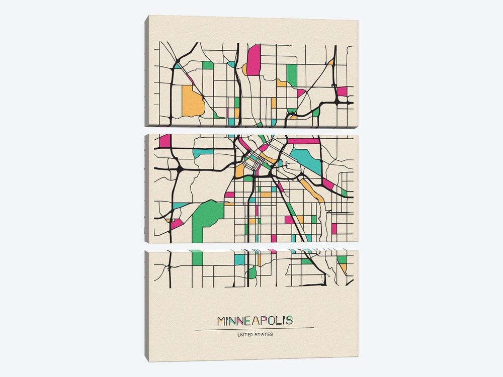 Minneapolis, Minnesota Map by Ayse Deniz Akerman 3-piece Canvas Art Print