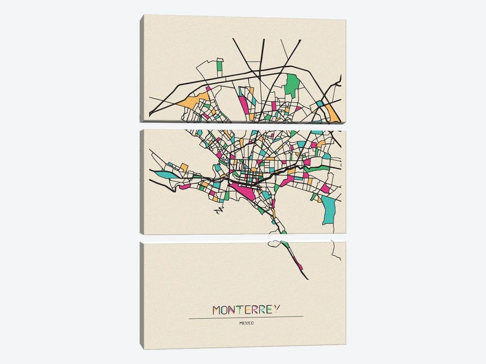 Monterrey, Mexico Map by Ayse Deniz Akerman 3-piece Art Print