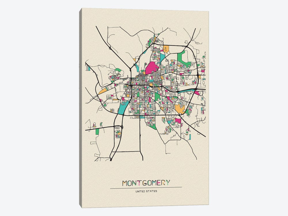 Montgomery, Alabama Map by Ayse Deniz Akerman 1-piece Canvas Artwork