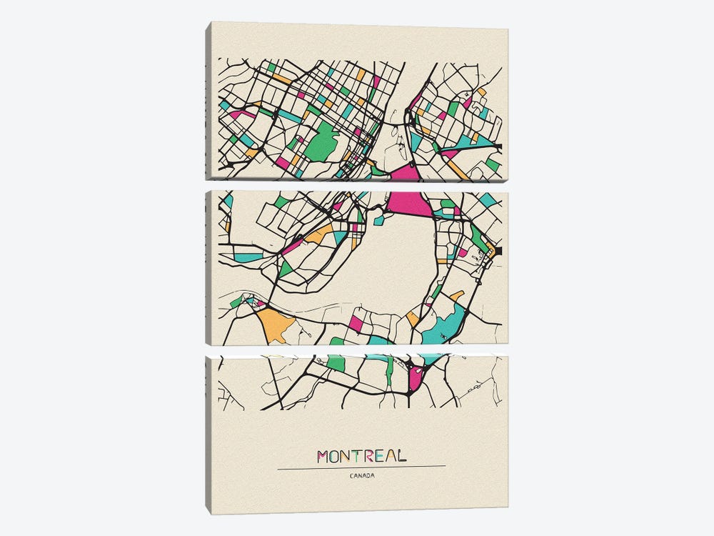 Montreal, Canada Map by Ayse Deniz Akerman 3-piece Canvas Art Print