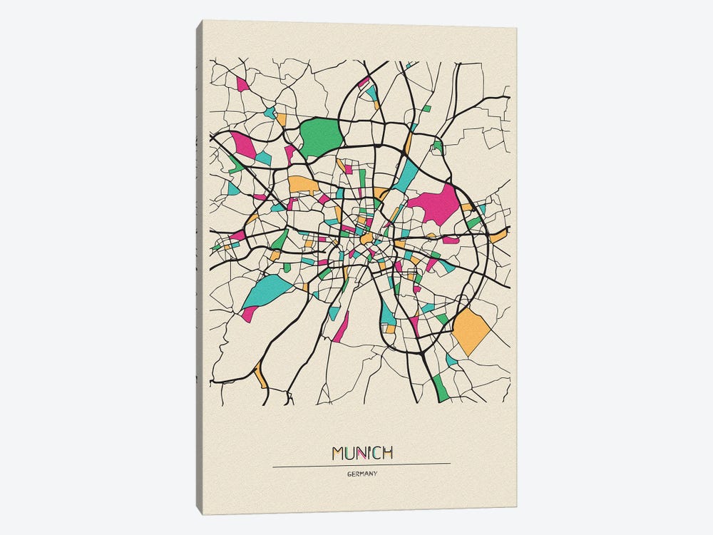 Munich, Germany Map by Ayse Deniz Akerman 1-piece Canvas Artwork
