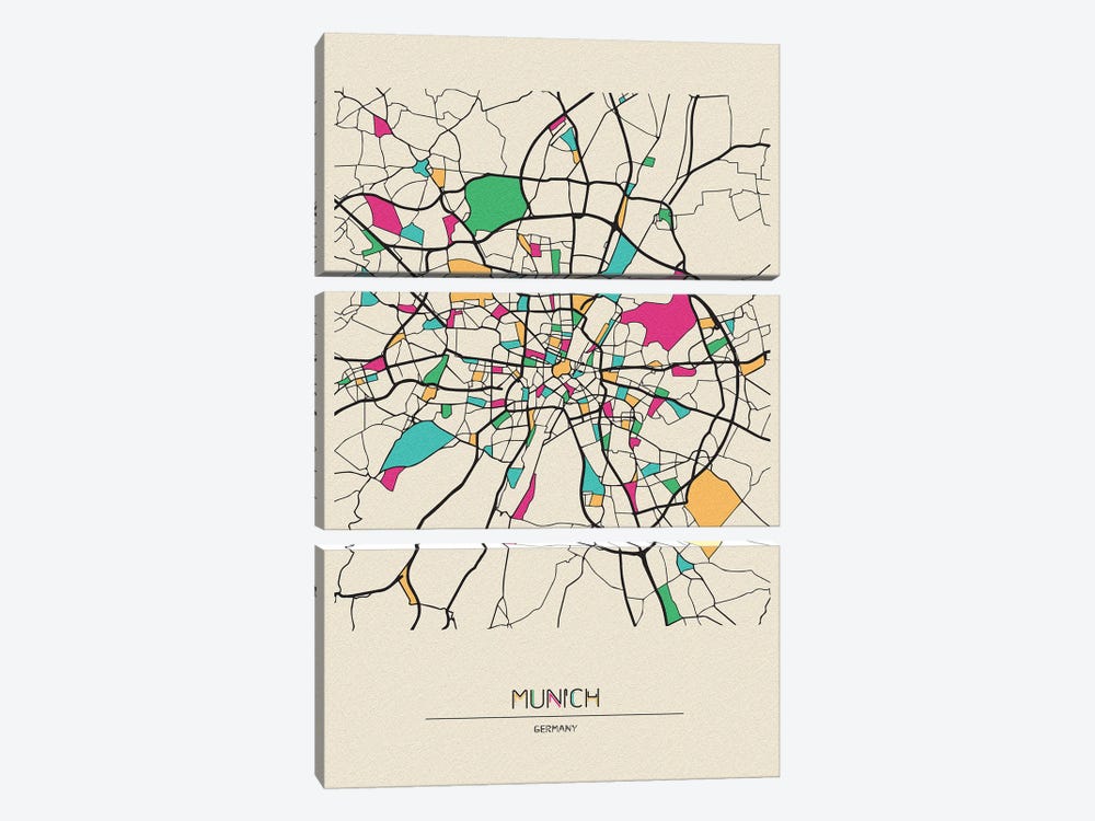 Munich, Germany Map by Ayse Deniz Akerman 3-piece Canvas Art
