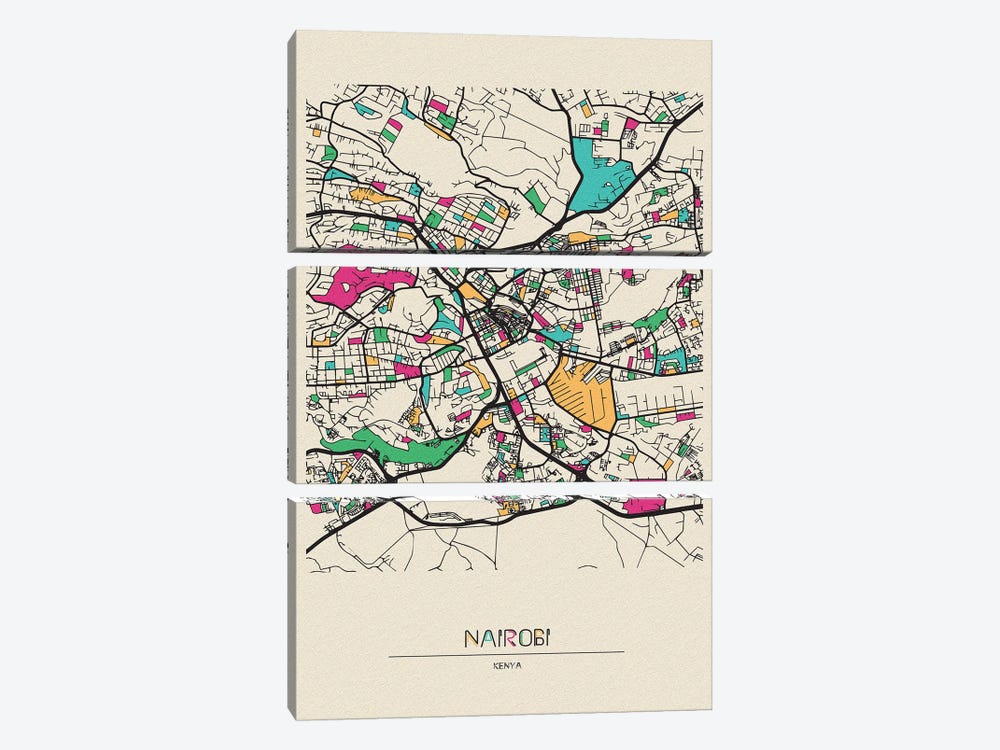 Nairobi, Kenya Map by Ayse Deniz Akerman 3-piece Canvas Print