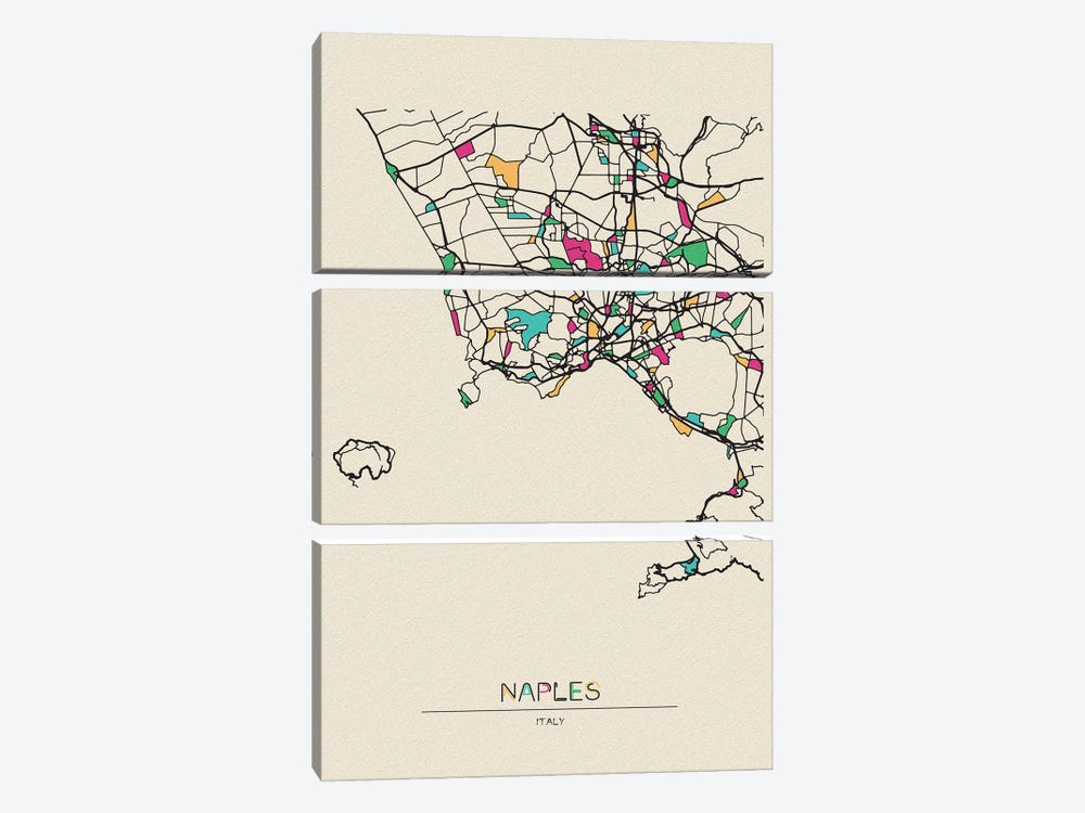 Naples, Italy Map by Ayse Deniz Akerman 3-piece Canvas Artwork