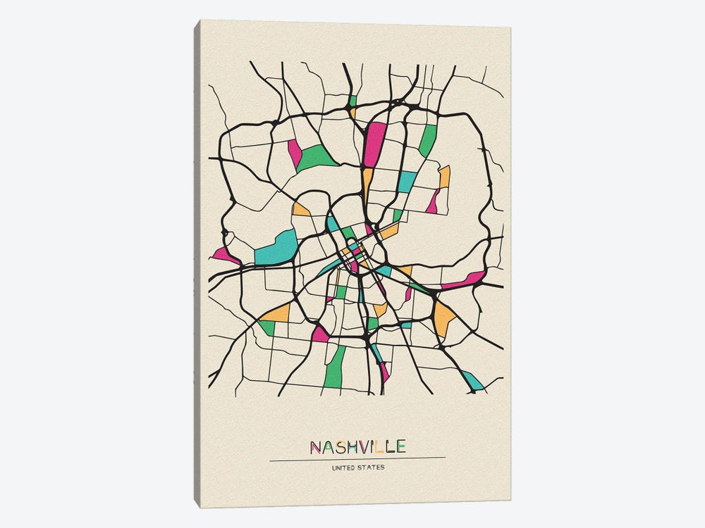 Nashville, Tennessee Map by Ayse Deniz Akerman 1-piece Canvas Art Print