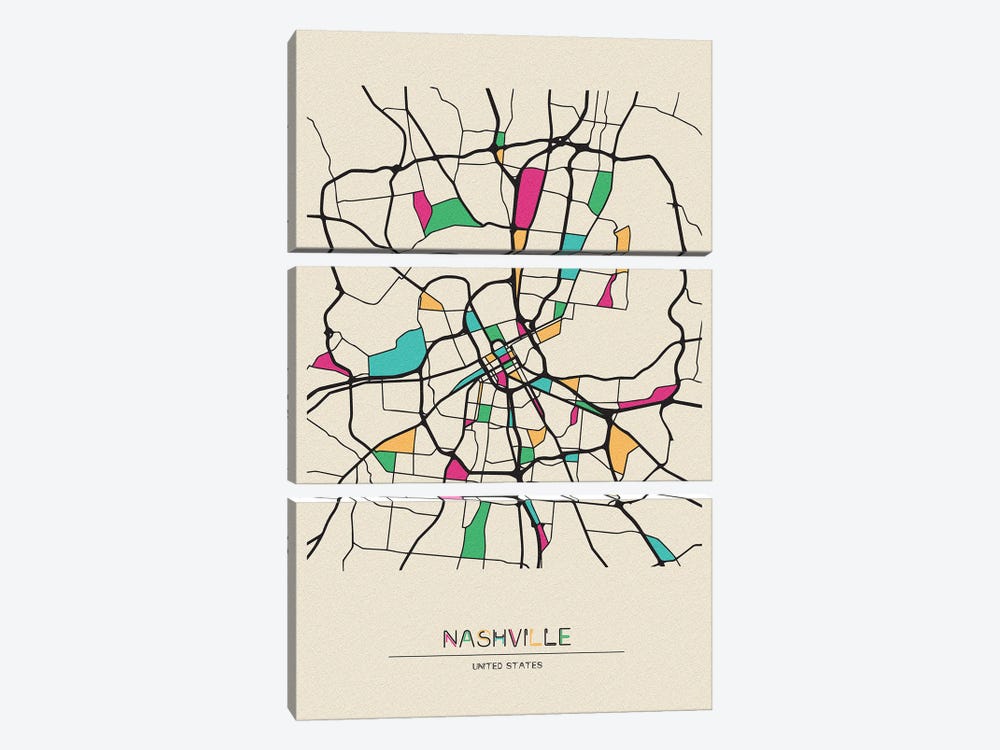Nashville, Tennessee Map by Ayse Deniz Akerman 3-piece Art Print