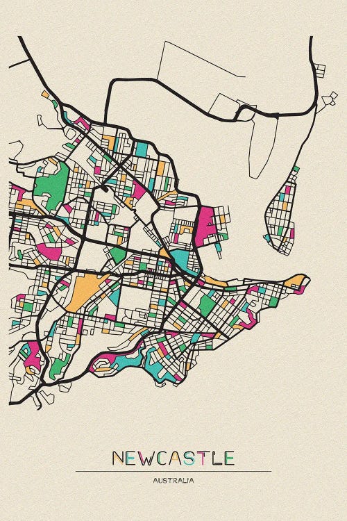 Newcastle, Australia Map by Ayse Deniz Akerman wall art