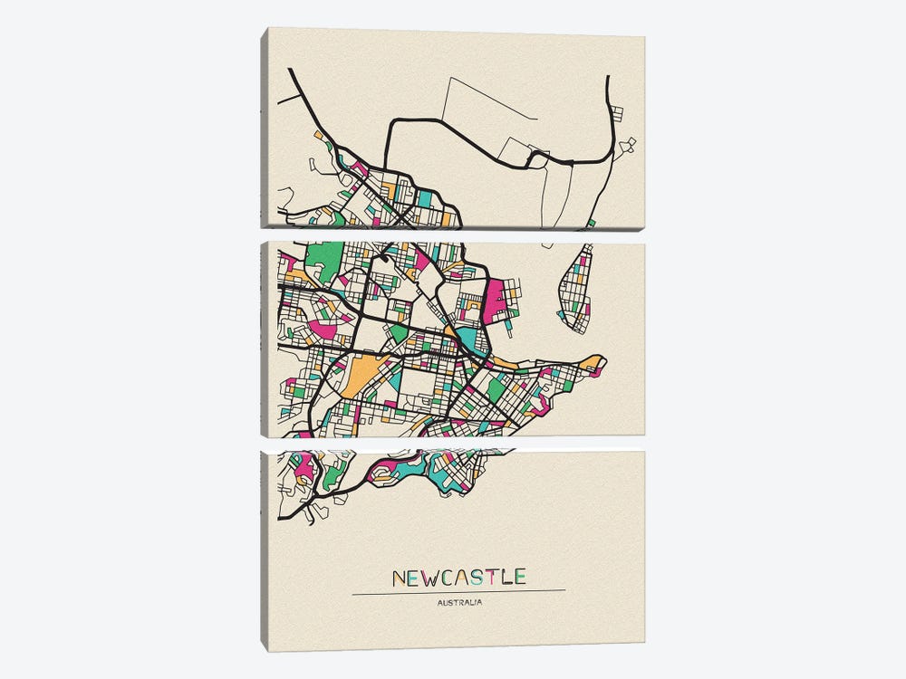 Newcastle, Australia Map by Ayse Deniz Akerman 3-piece Canvas Art Print