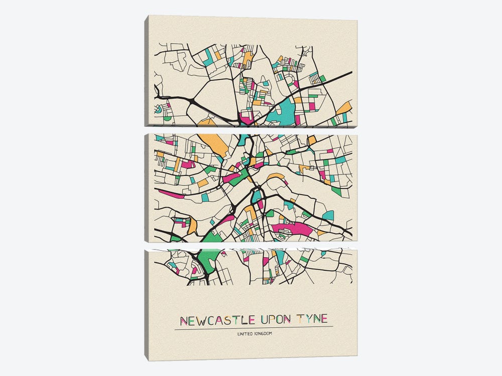 Newcastle upon Tyne, England Map by Ayse Deniz Akerman 3-piece Canvas Print