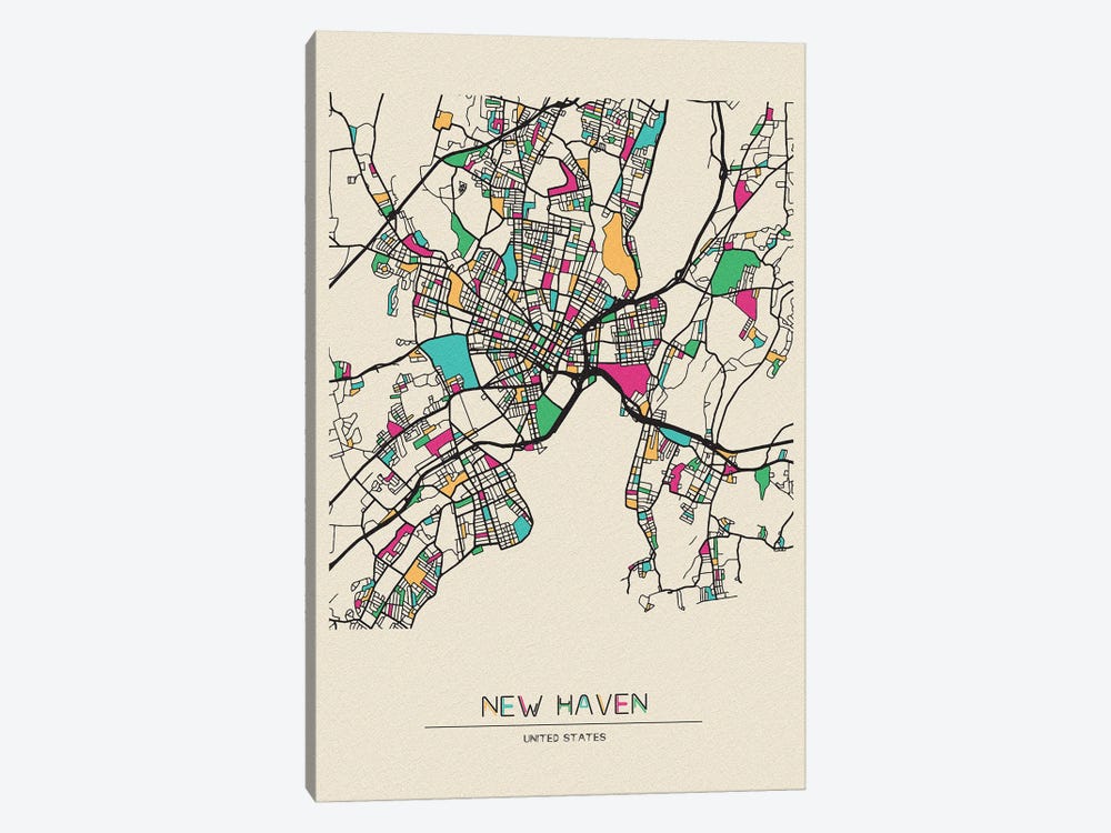 New Haven, Connecticut Map by Ayse Deniz Akerman 1-piece Canvas Art Print