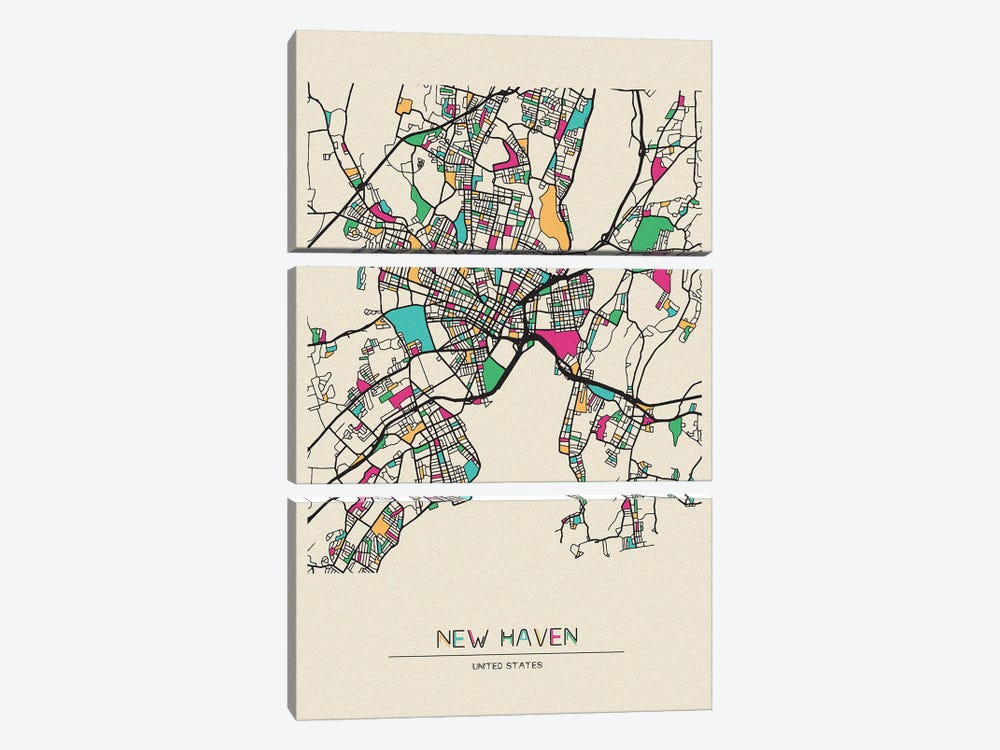 New Haven, Connecticut Map by Ayse Deniz Akerman 3-piece Canvas Print