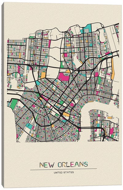 New Orleans, Louisiana Map Canvas Art Print - Ayse Deniz Akerman